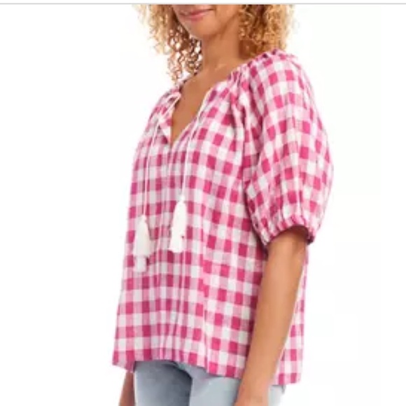 Karen Kane Line. Fuchsia Check Short Sleeve Top. - Picture 11 of 11